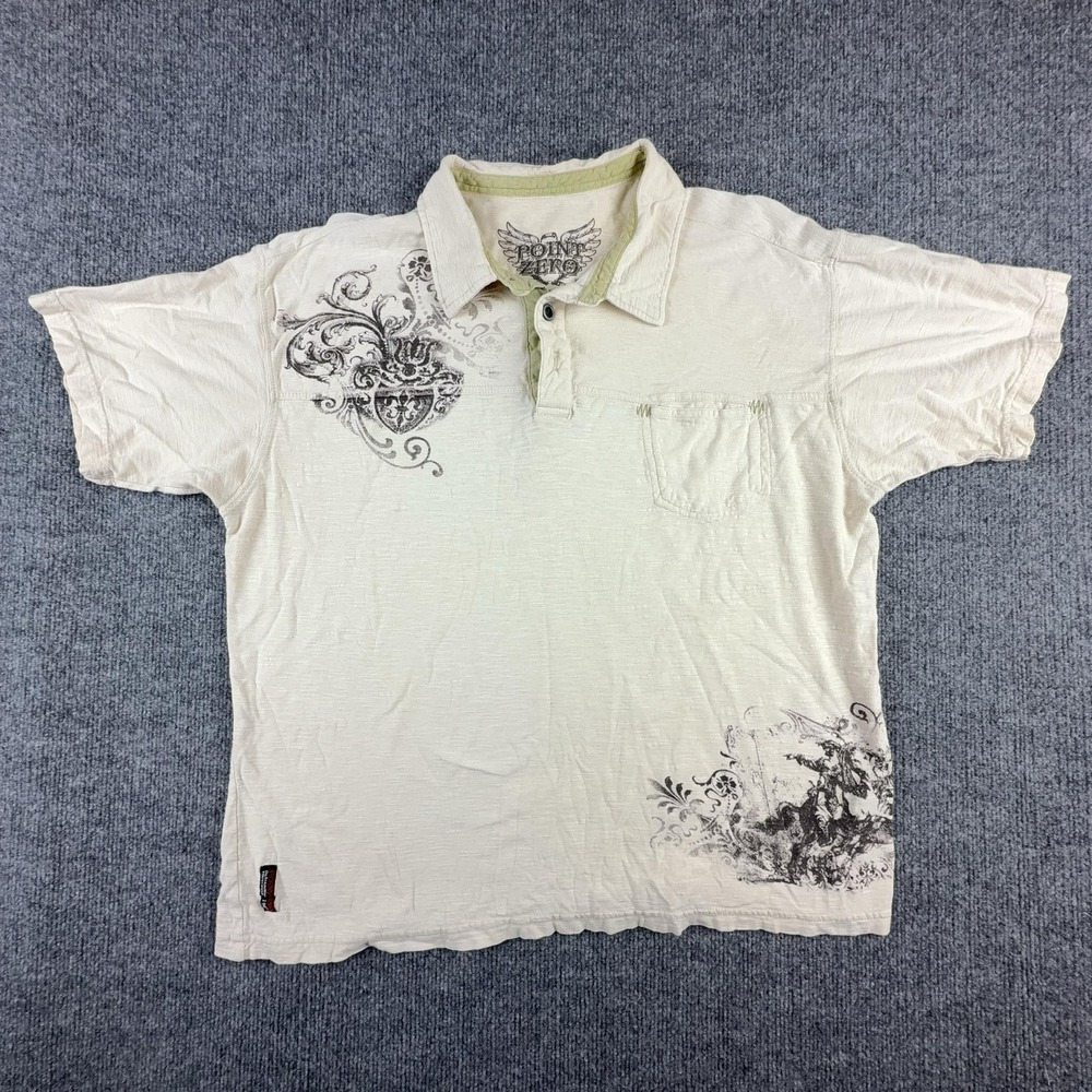 Y2K Point Zero Polo Shirt Mens Large White Graphic Slub Knit Pocket Tagless